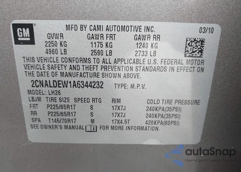 2010 Chevrolet Equinox Lt from USA, damaged, VIN 2CNALDEW1A6344232